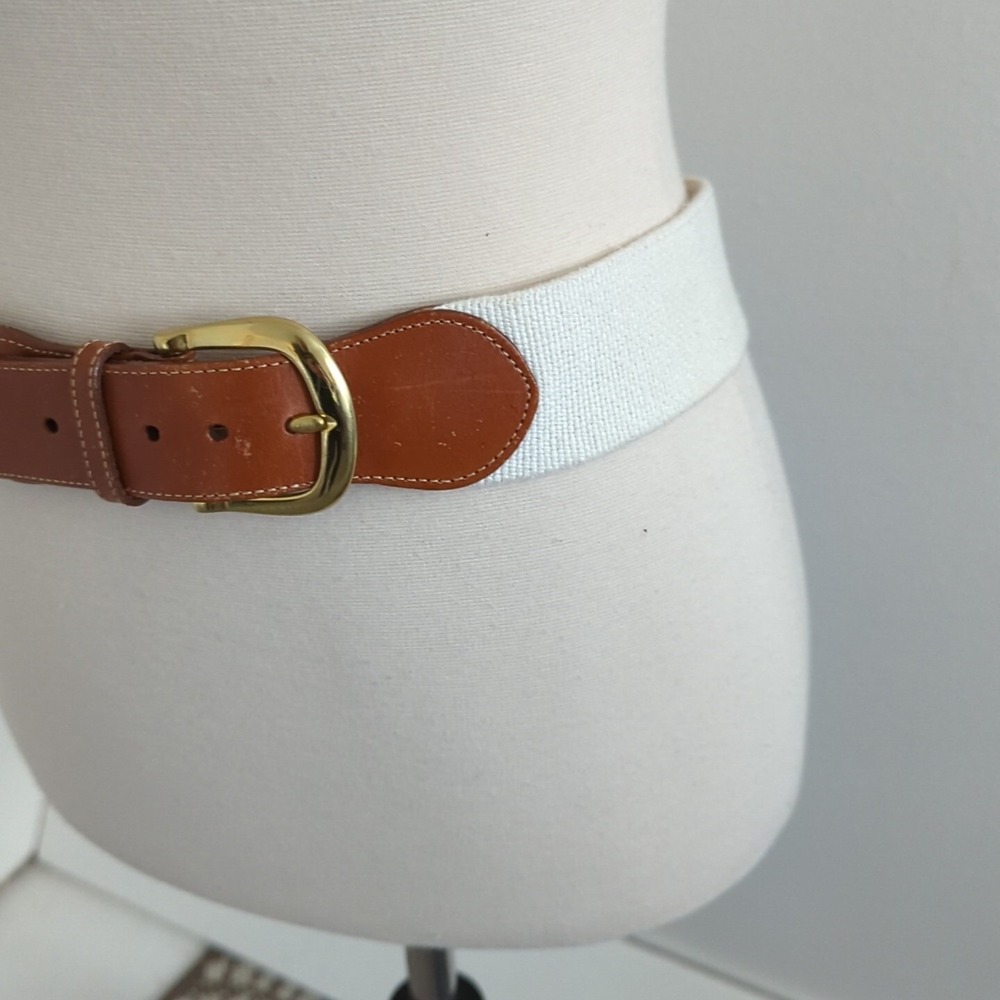 VTG Lands End Waist Belt Elastic Leather White USA 32 Brass Cotton Coastal Yacht - Picture 3 of 6